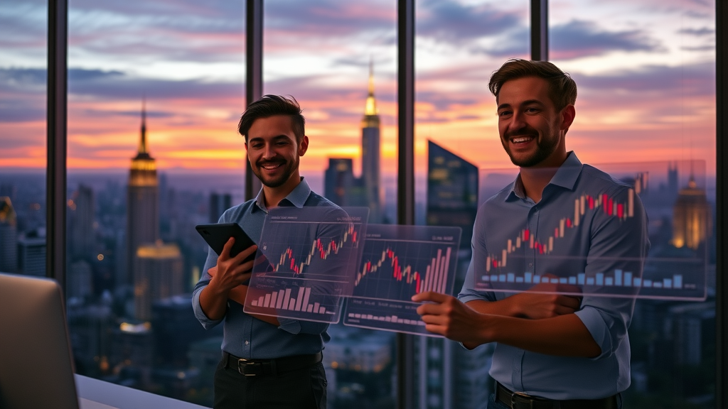 inspired investor team, confident, reviewing successful portfolio charts, open office at dusk, upward-moving charts glowing on transparent screens