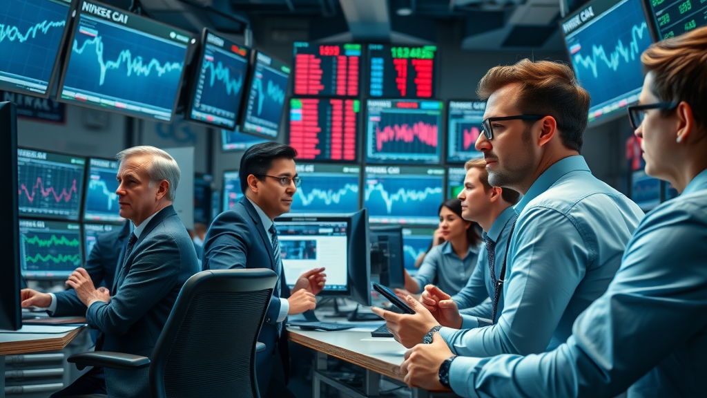 Busy newsroom professionals analyzing global business news data in modern office with graphs and tickers.