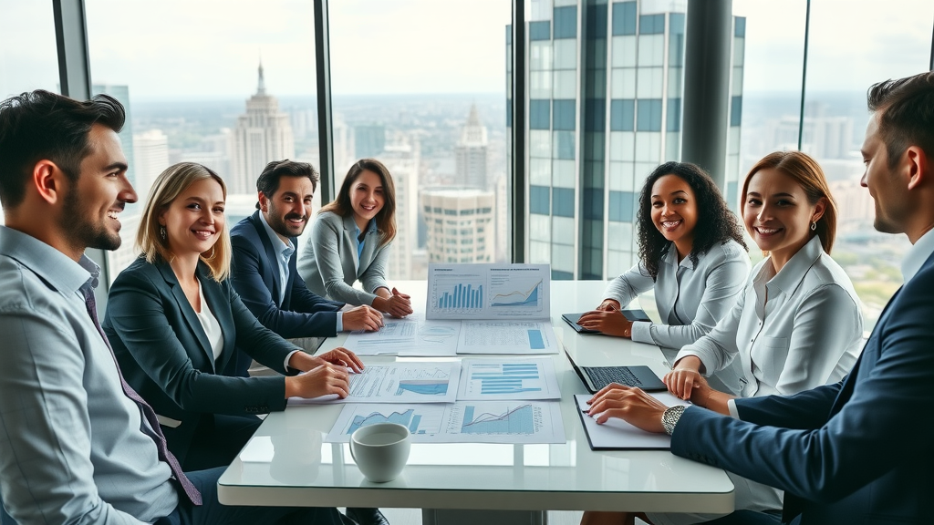 Group of business experts discussing financial charts in a modern glass-walled office with city view, representing business news insights.
