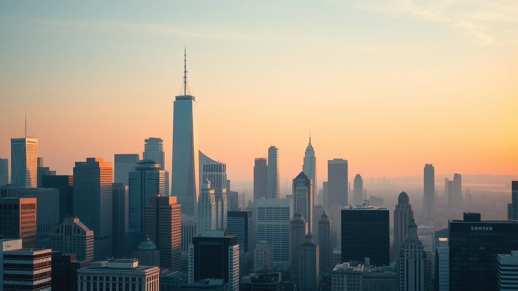 Financial district skyline at sunrise symbolizing the impact of business news on Monmouthshire and global markets.