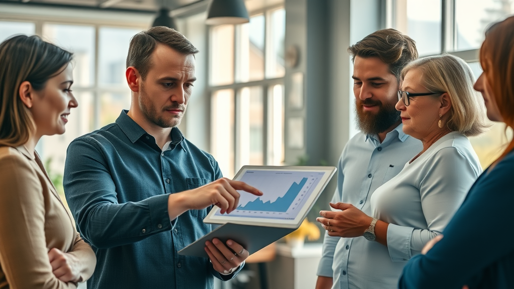 Real estate agent discussing Federal Reserve news with local business owners using digital graphs, illustrating real estate impacts from business news.