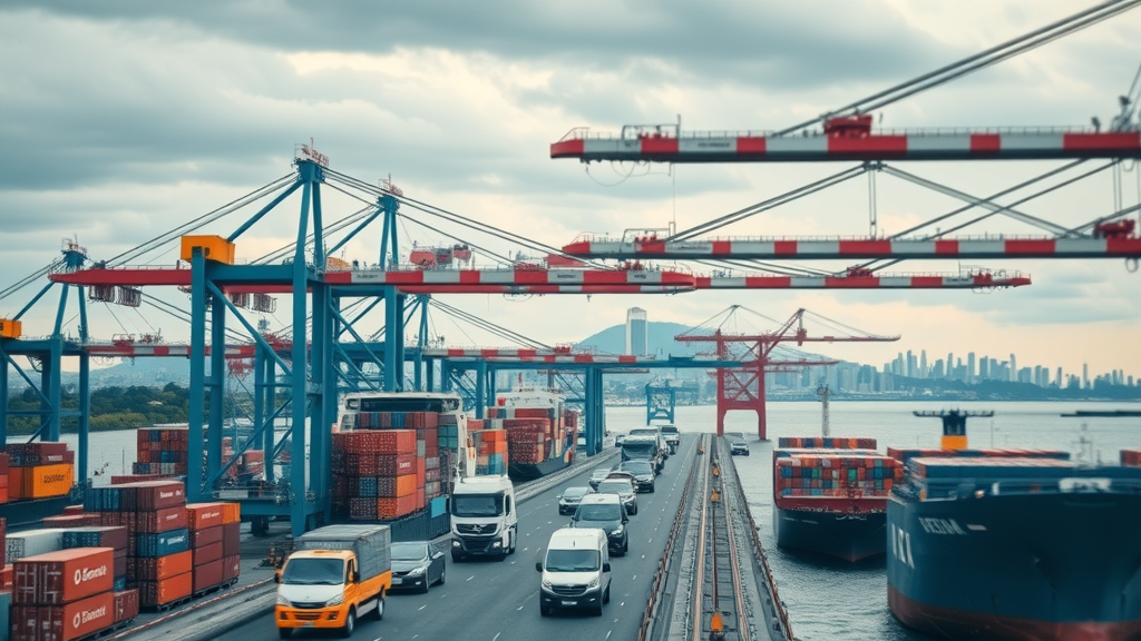 Modern international trade port showing South Korea’s role in global business news, with skyline and cargo operations in motion.