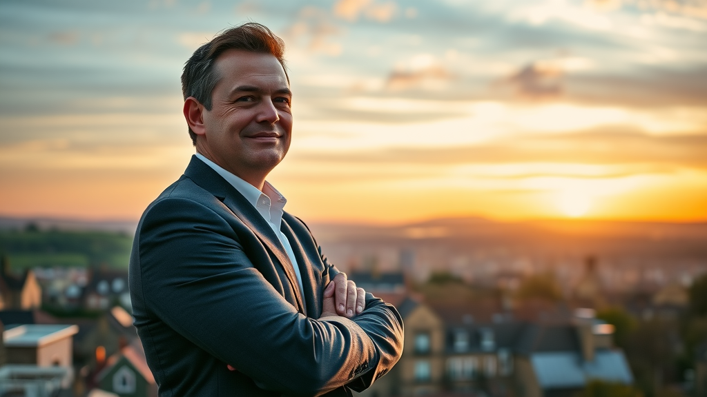 Confident business leader overlooking Monmouthshire skyline at sunset, symbolizing leadership and up-to-date business news.