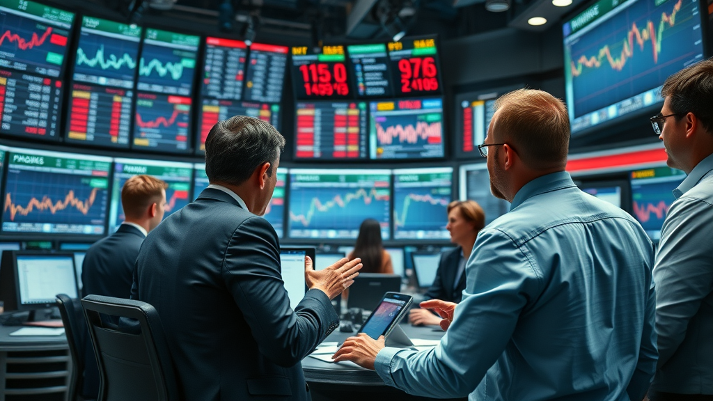 Dynamic newsroom environment, journalists discussing financial charts, modern news studio with financial tickers, business news specialists at work