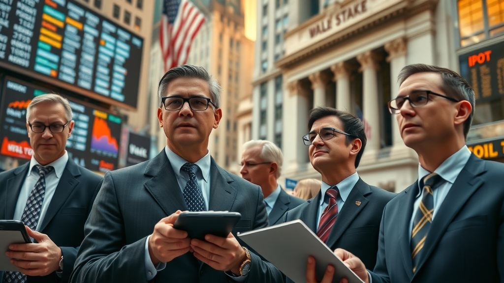 Business professionals on Wall Street watch stock tickers, business news impacts financial decisions, iconic New York Stock Exchange