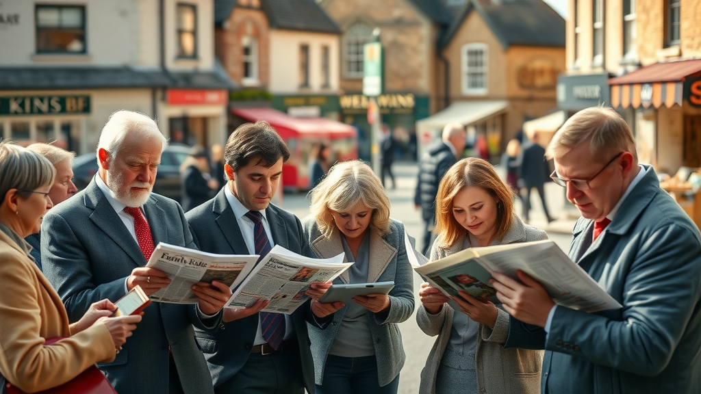 Business people in Monmouthshire gather in the town square, reading business news, community discussing real estate and economics