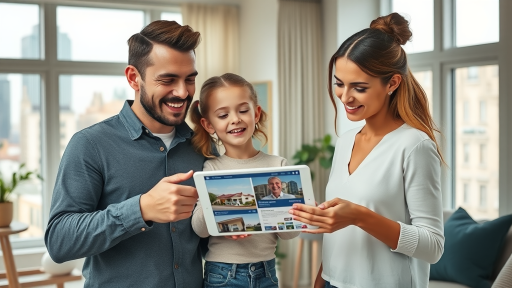 Modern family reviews real estate listings on tablet, business news insights shape investment decisions, urban backdrop visible