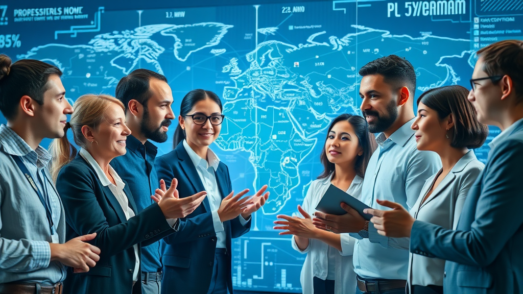 Global business map overlay, professionals exchange ideas, business news interconnections visualized across the world