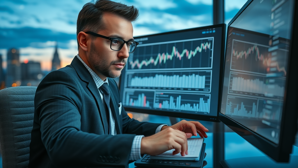 Professional reviews business news financial graphs on computer, city view at dusk, actionable insights for better decisions
