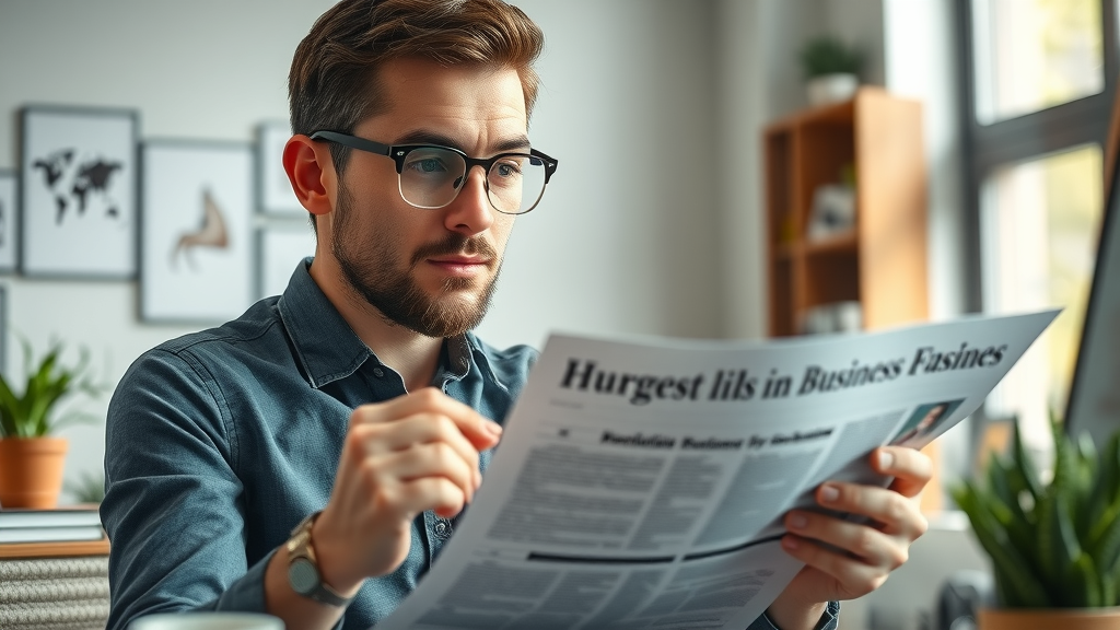 Curious entrepreneur reads digital business news, inspired research in a modern workspace, impact of business news on decisions