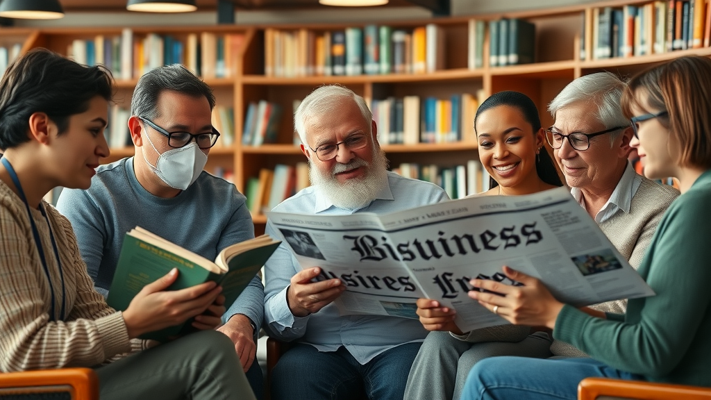 Engaged community group reads business news in local library, collaborative learning, business news discussion fosters personal and community growth