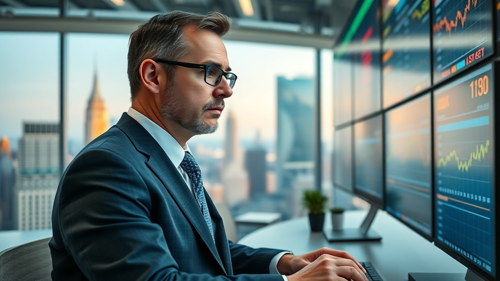 business news investor analyzing real-time news and market data in an office with financial tickers and charts