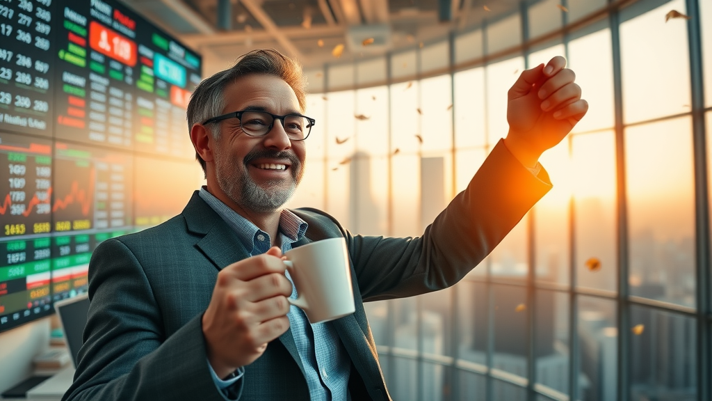 Successful investor celebrating financial win with business news and glowing market tickers