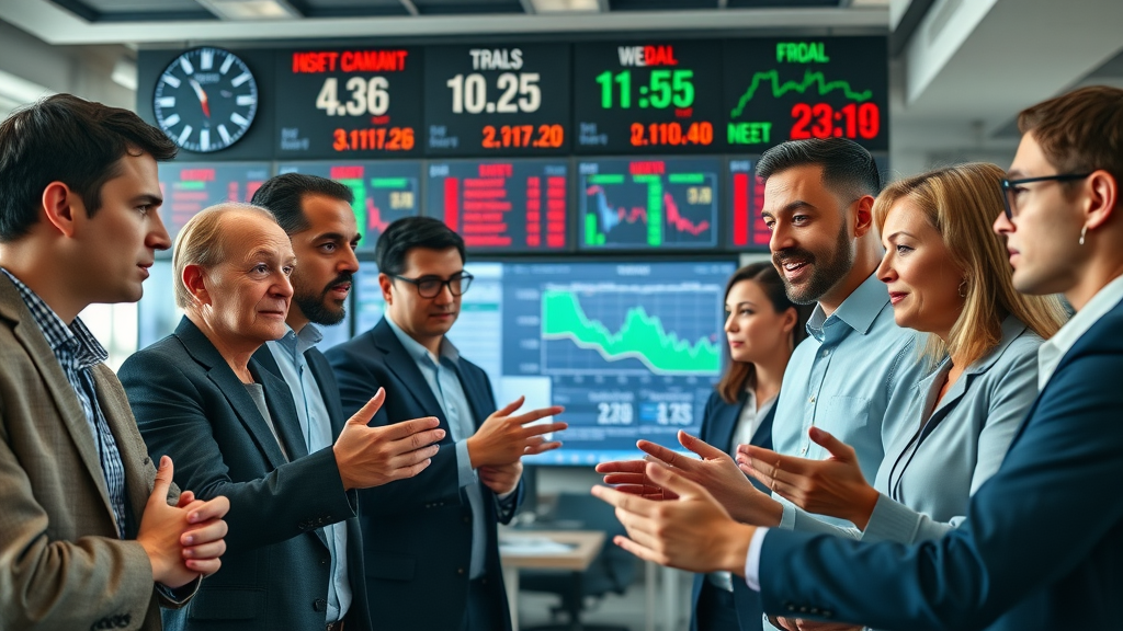 diverse group of businesspeople collaborating over breaking business news in a high-tech office