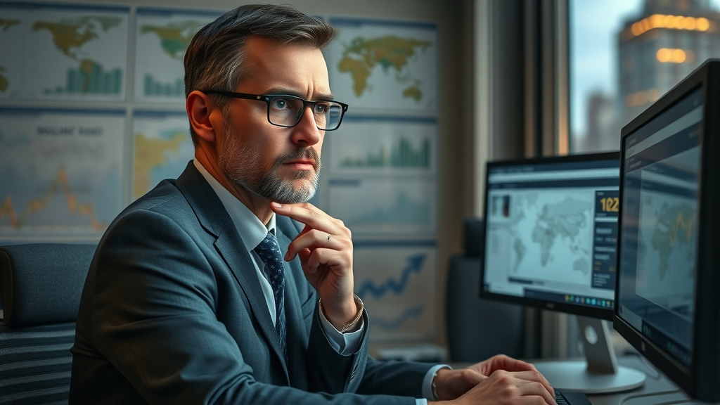 thoughtful financial analyst reviewing local and global business news on dual monitors