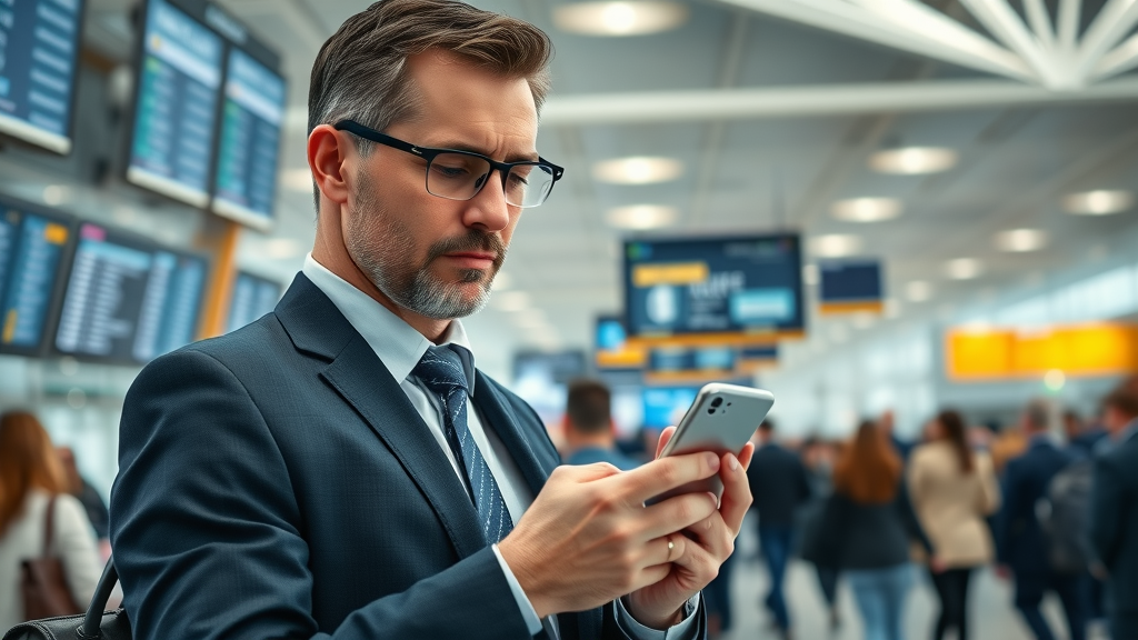 business traveler checking reliable business news updates on a smartphone in airport lounge