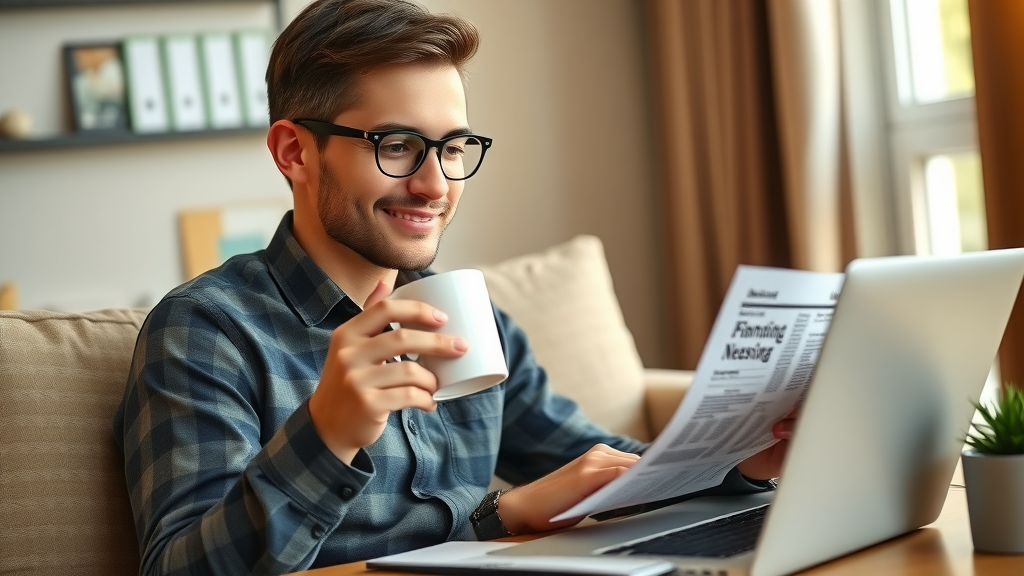 young professional sipping coffee and reviewing morning business newsletter for latest business news