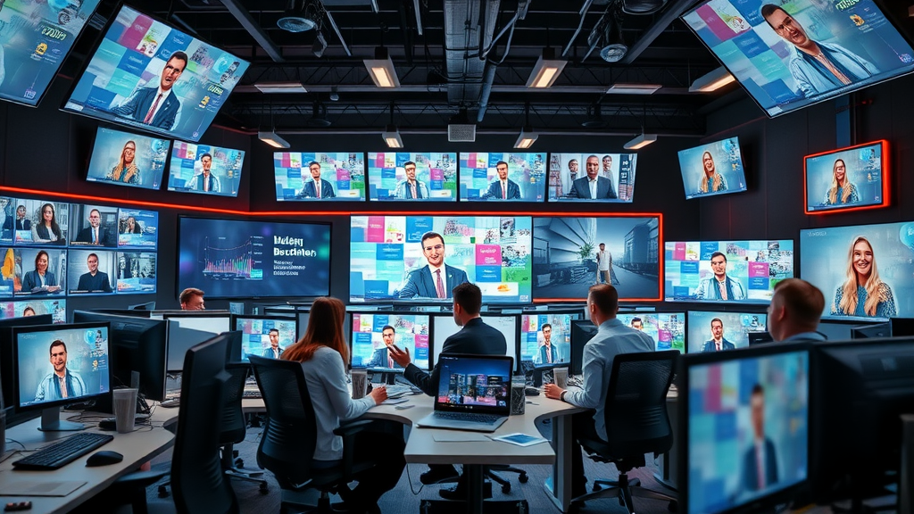 dynamic newsroom with energetic editors preparing business news contributor content for digital screens