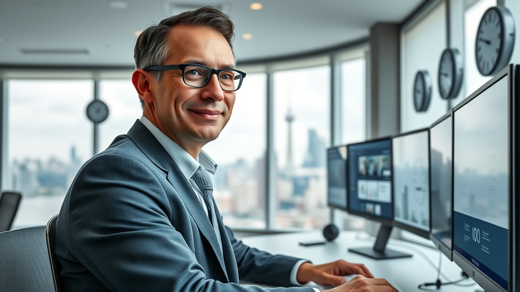 confident executive monitoring latest business news on multiple screens in a modern workspace