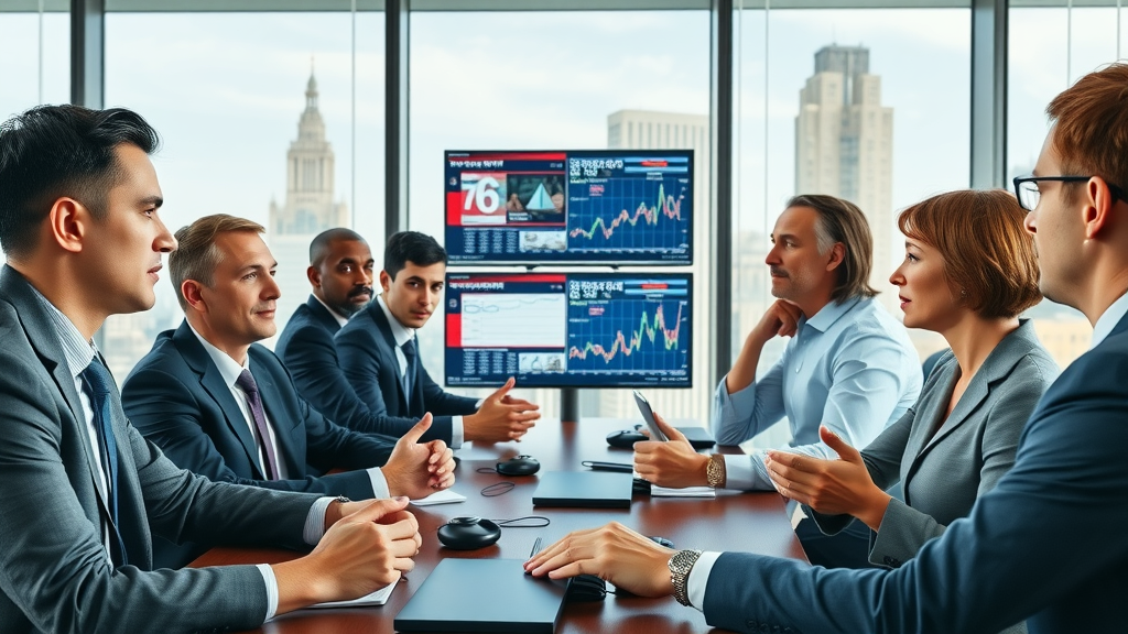 business news executives analyzing breaking business news in a modern boardroom overlooking a cityscape
