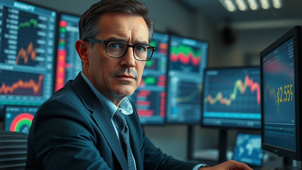 business news analyst financial analyst scrutinizing fluctuating stock data on multiple monitors
