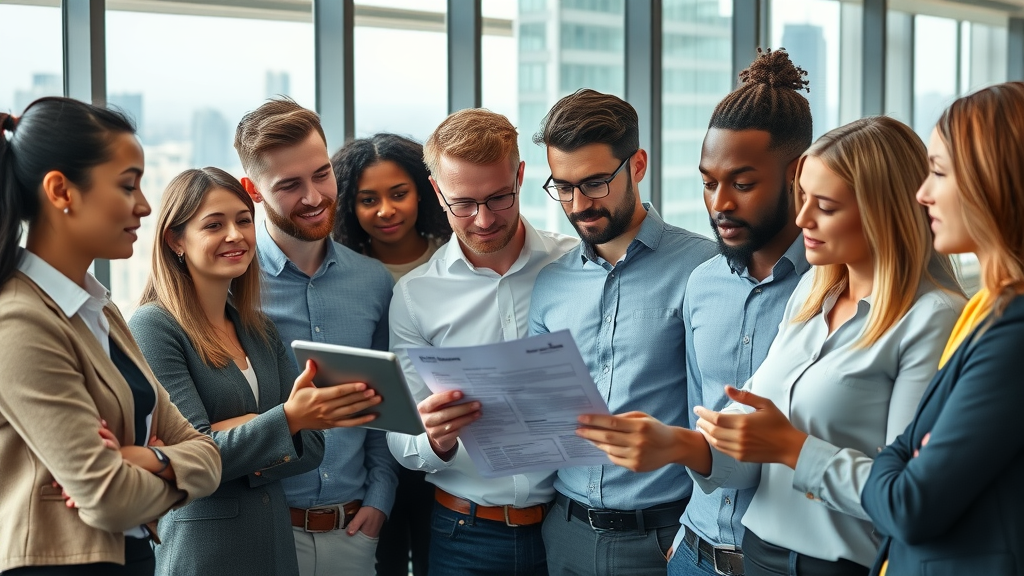 business news professionals reviewing credibility checklist on a digital tablet in a modern office