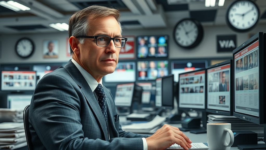 business news editor fact-checking reports in a busy newsroom