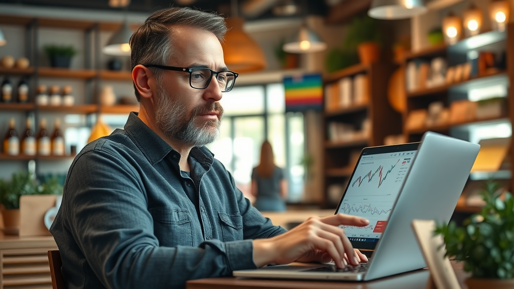 business news small business owner reviewing digital reports in a cozy shop