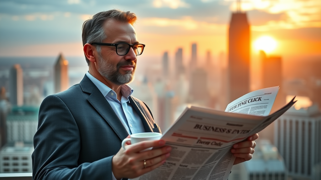 business news investor reading newspapers on balcony at sunrise