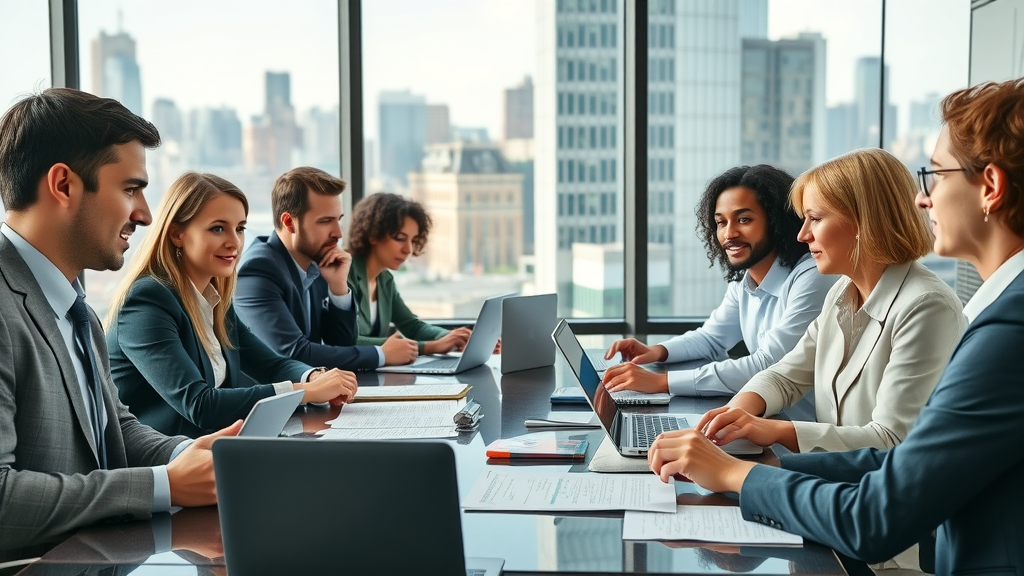 business news boardroom discussion diverse group city skyline