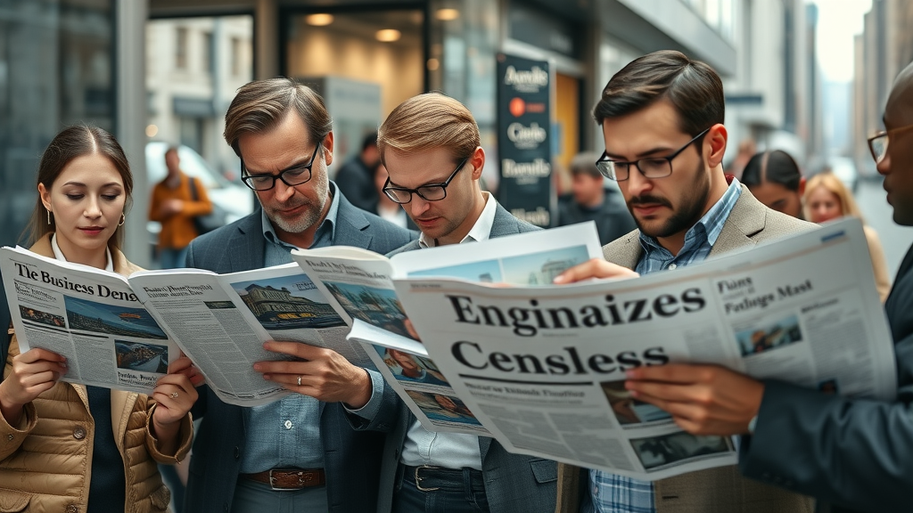 people reading business news newspapers economic trends city newsstand