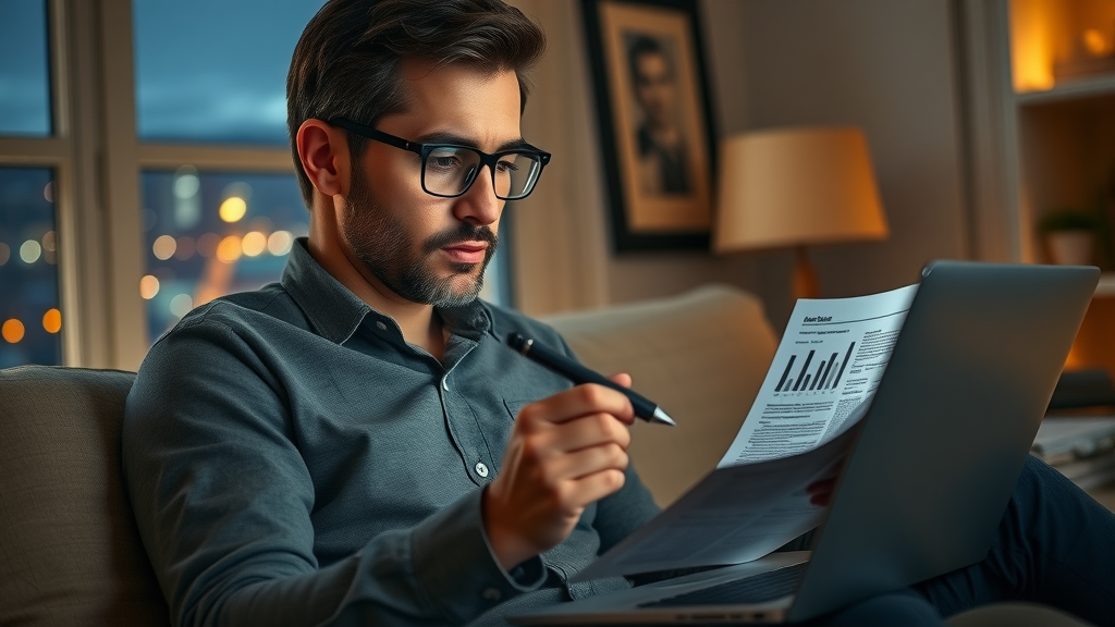 business news analysis reading laptop personal finance notes