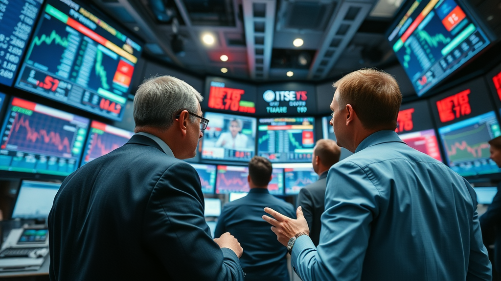 business news professionals breaking financial news in busy newsroom