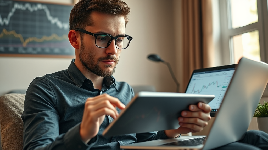 personal finance business news headlines being analyzed in home office