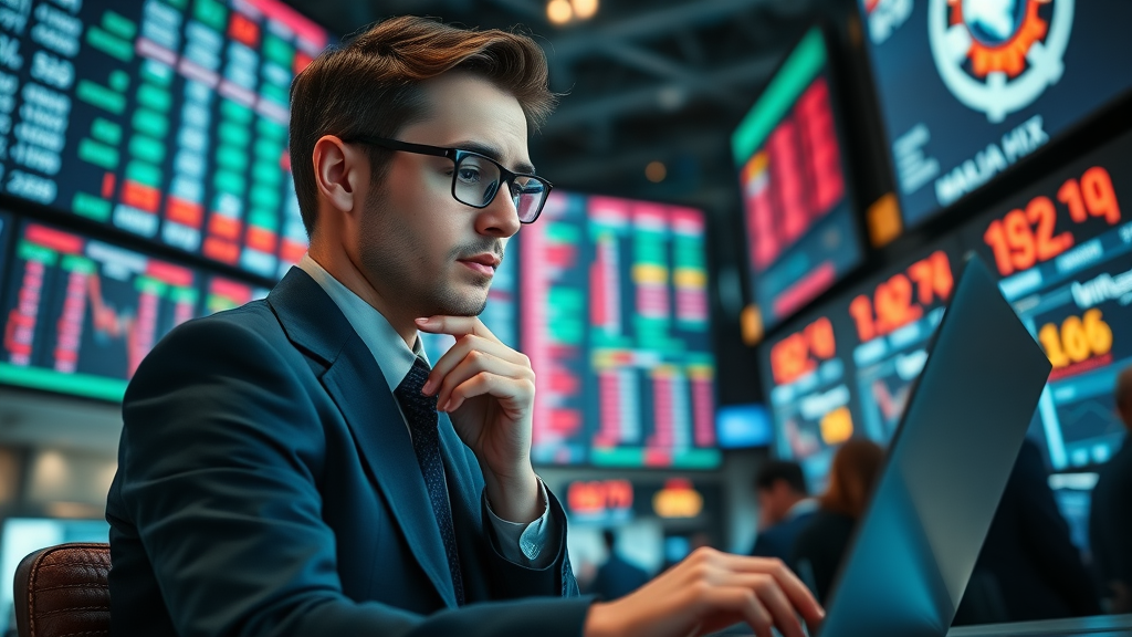 Young professional analyzes live market data feeds with business news, trading floor energy, and real-time insights