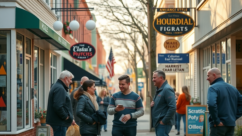 Vibrant Long Island main street with business owners, real estate growth, and local market energy