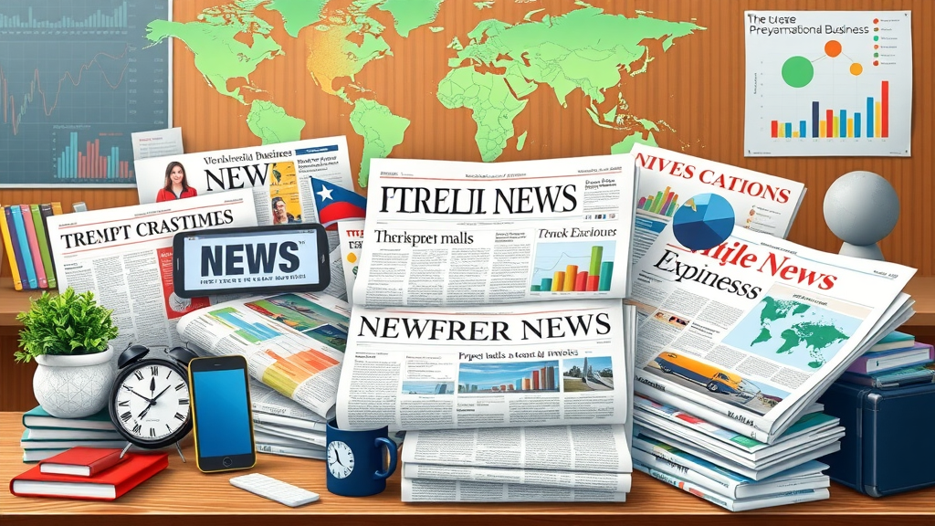 Colorful collage of international business news sources, digital apps, and market data insights
