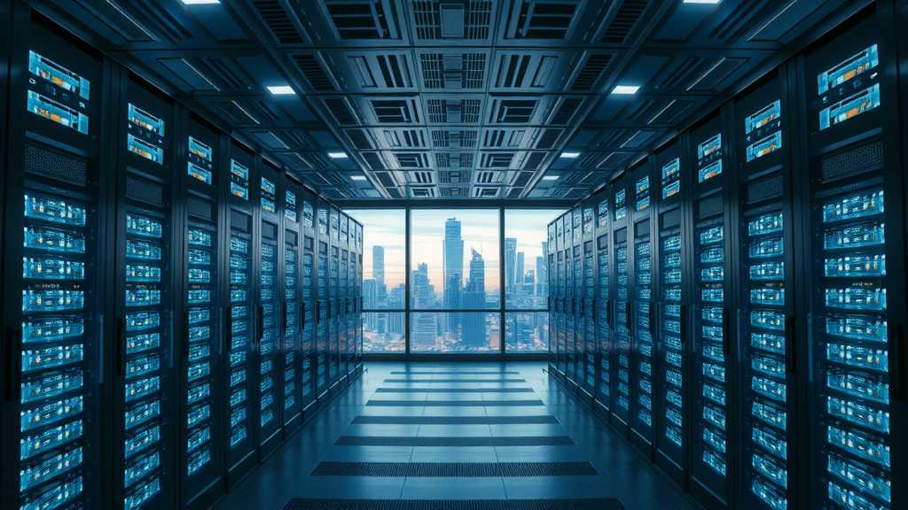 Futuristic data center interior with glowing servers and real estate city views, business news and emerging sectors
