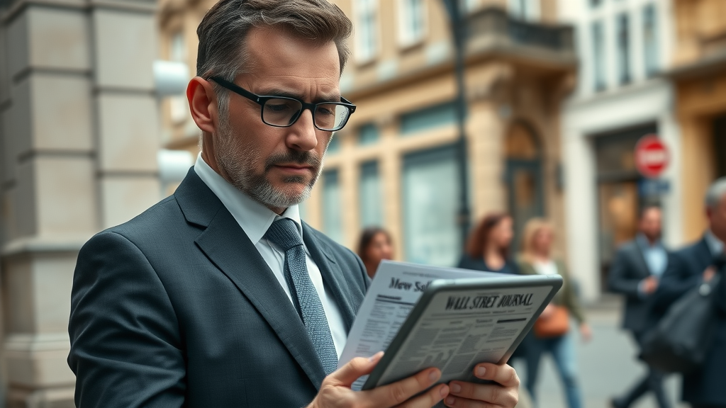 Monmouthshire business leader reviewing Wall Street Journal business news on digital device