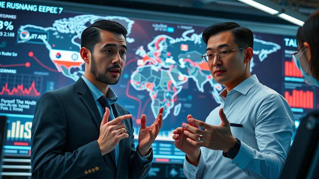 Global business analysts reviewing US and South Korea economic news trends in business newsroom