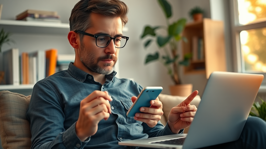 Entrepreneur in Monmouthshire reviewing personal finance news and business reports on laptop and smartphone