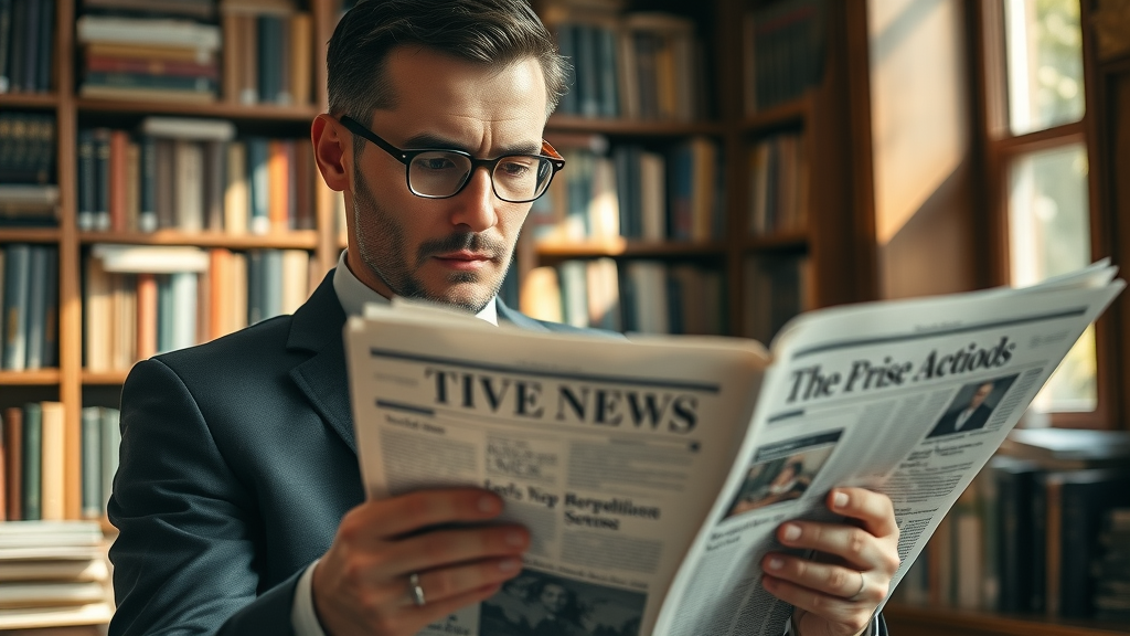 Business leader scrutinizing different business news articles for accuracy and insight