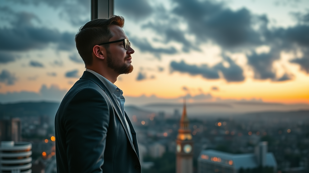 Entrepreneur contemplating Monmouthshire city skyline at dusk about business news strategy