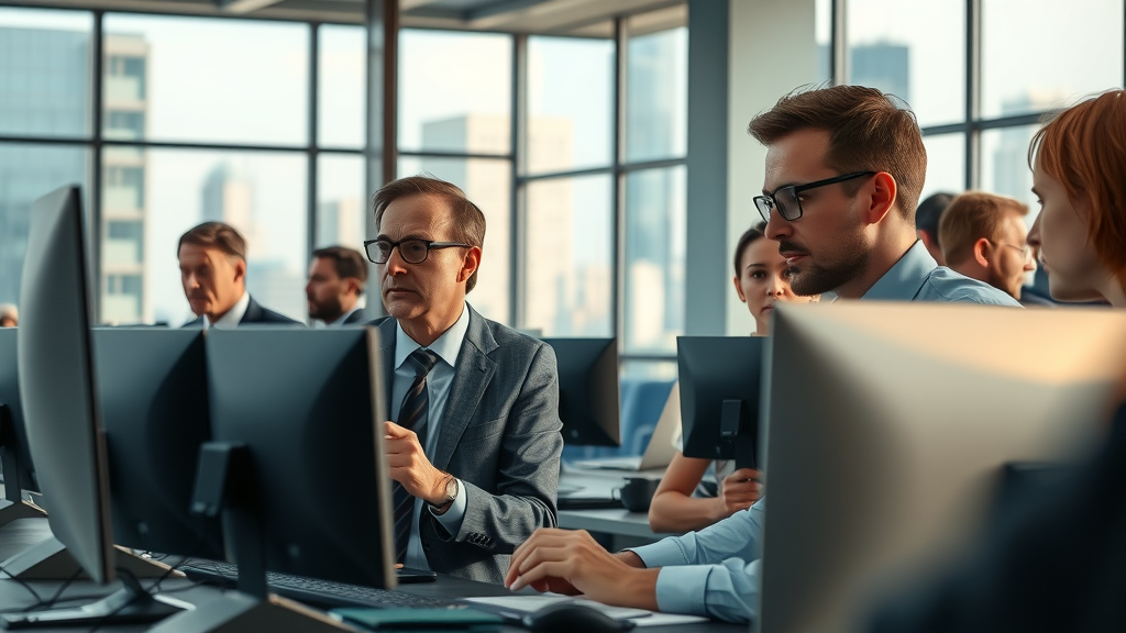 dynamic newsroom setting with journalists analyzing breaking business news, intent expressions, modern office with cityscape - business news