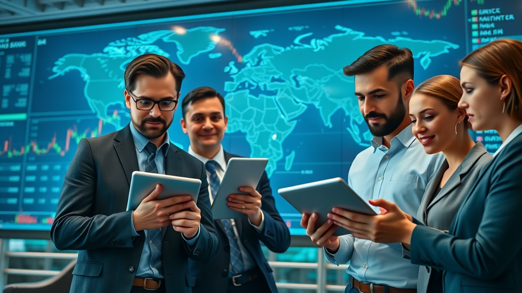 global markets graph with business professionals reviewing data, analyzing financial trends - business news