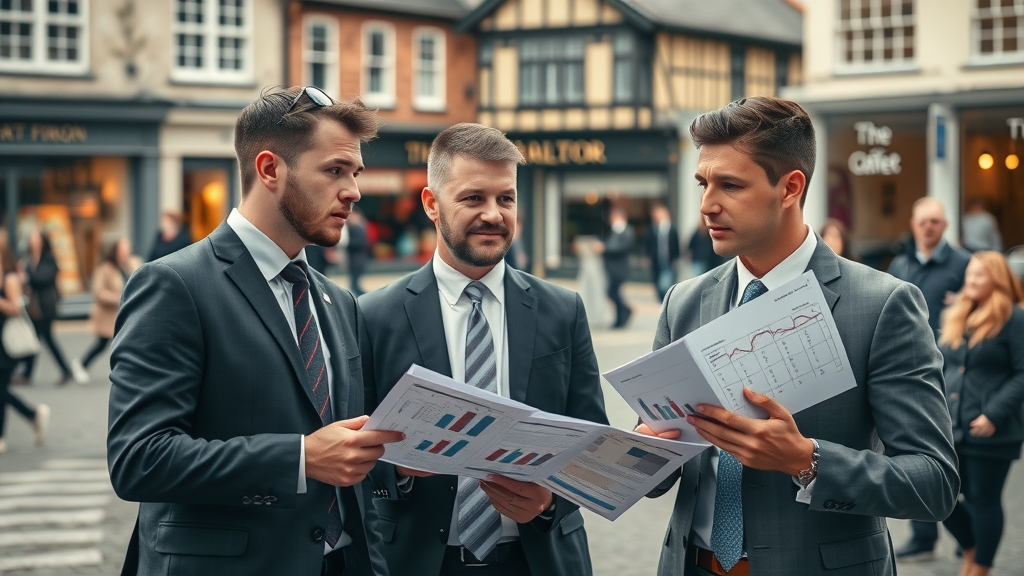 Monmouthshire town square with business professionals analyzing charts and discussing local business news