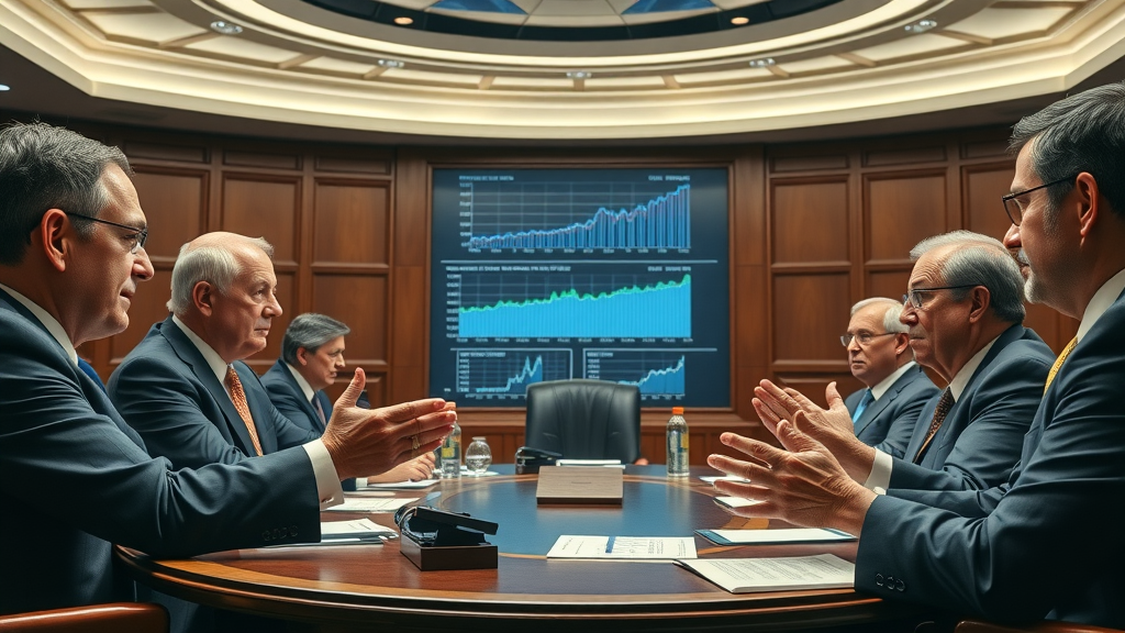 Federal Reserve officials discussing business news, analytical charts and graphs