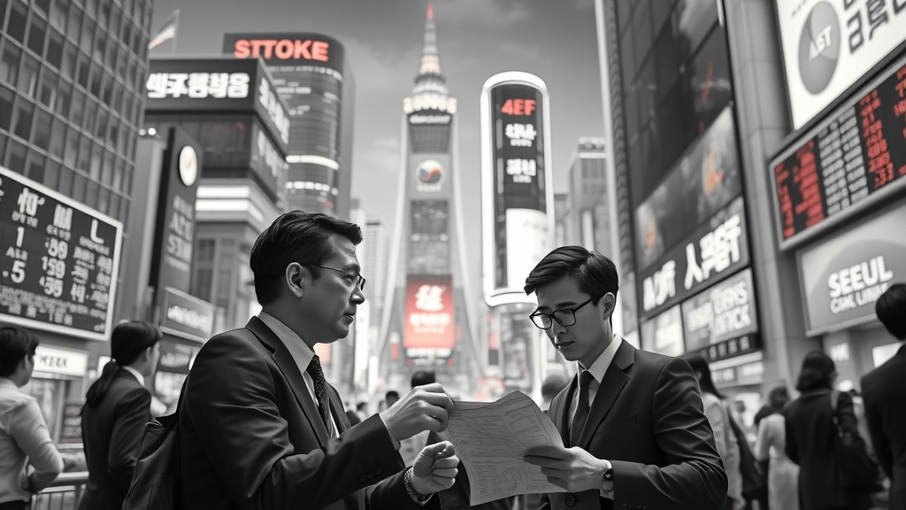 Seoul financial district with South Korean business people reviewing economic reports, global business news
