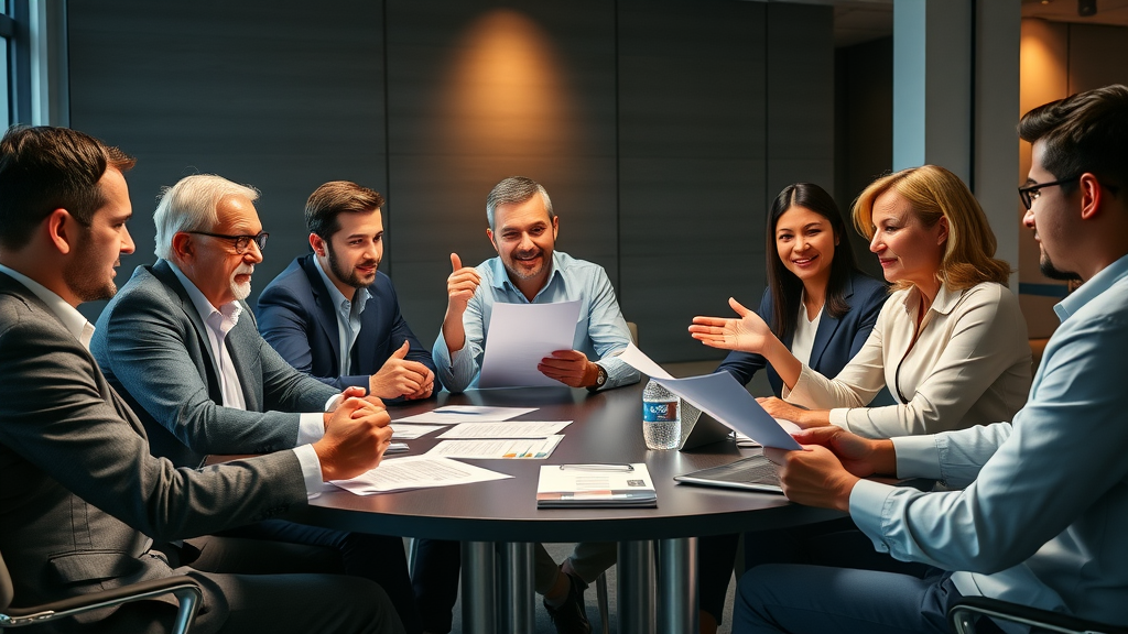 diverse panel of industry experts in roundtable discussion, analyzing business news reports