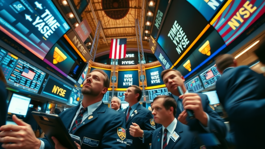 traders on the floor of New York Stock Exchange analyzing business news headlines
